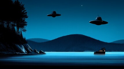 A serene night scene with UFOs hovering over a lake, a boat nearby, and forested hills in the background. Retro style illustration.
