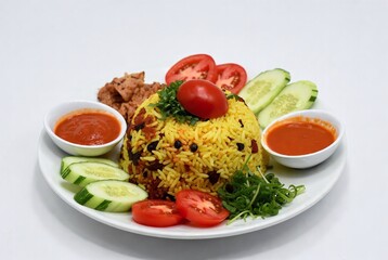 Traditional Indian Biryani Rice Dish with Spicy Sauce and Fresh Vegetables in a Bowl - Delicious and Flavorful Entree