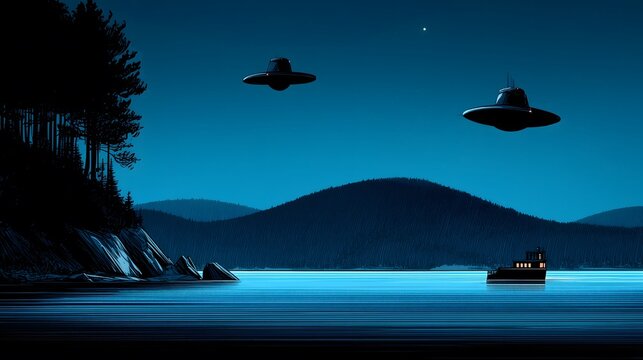 A serene night scene with UFOs hovering over a lake, a boat nearby, and forested hills in the background. Retro style illustration.