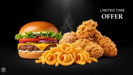 A limited time offer food display with a classic cheeseburger, crispy fried chicken, and golden curly fries on a solid black background for a premium feel