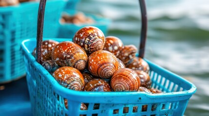 A vibrant collection of beautifully patterned shells is displayed in a blue basket, resting near water, creating a serene and beach-inspired atmosphere with natural beauty.