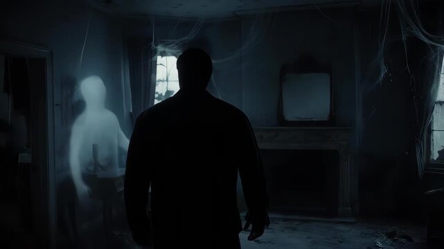Eerie room with ghostly figures and a man in shadow