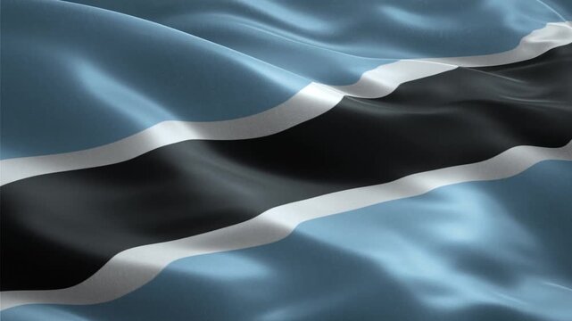 National flag of Botswana waving in a seamless loop with light blue fields and black and white stripes