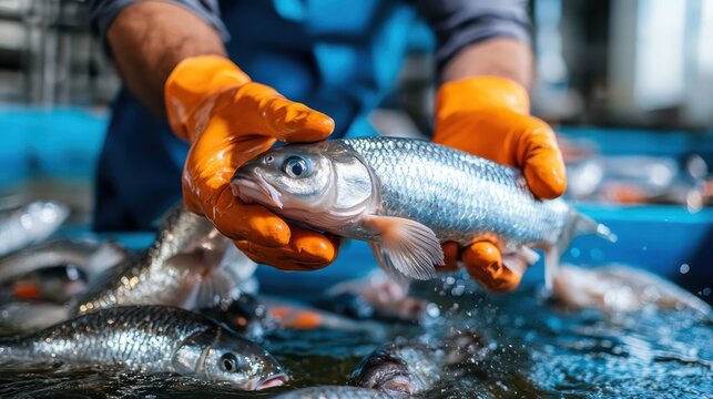 A close-up of a person holding a fresh fish, showcasing vibrant colors and textures, emphasizing the connection between humans and nature in seafood harvesting.