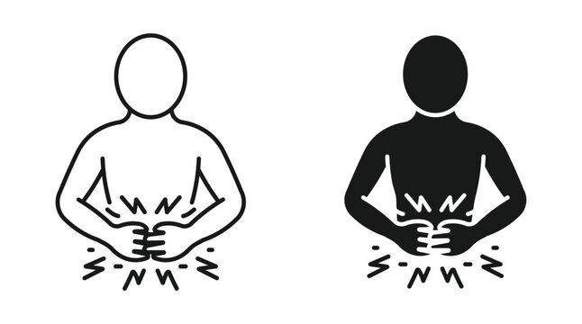 Stomach and abdominal pain icon set in outline and silhouette style for digestion problems and healthcare concept, vector illustration.