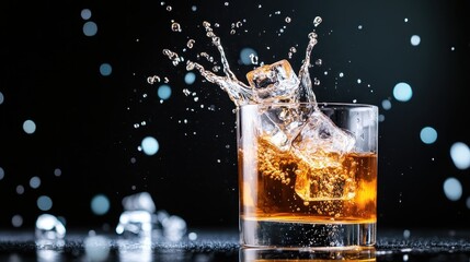 A glass of whiskey with ice cubes creates a dynamic splash effect against a dark backdrop, capturing the essence of indulgence and the artistry of mixology.
