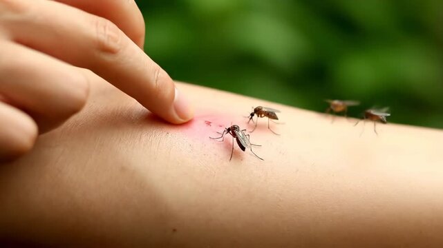 Close up of mosquito bites on a person's arm against a blurred green backdrop outdoors highlighting skin irritation from insect bites and blood sucking insects.