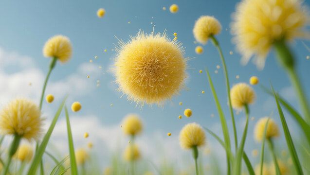 Close-up of yellow pollen particles floating in the air among flowers on a sunny day