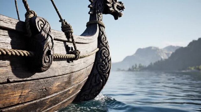 Majestic Viking longship with a carved dragon prow sails gracefully on serene waters, reflecting a boundless spirit of ancient exploration and cultural heritage amidst breathtaking mountain landscapes