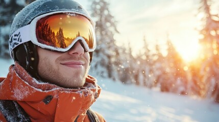A joyful skier pauses to admire the breathtaking winter landscape, showcasing a covered forest and stunning sunset as the sun reflects off his shiny goggles and gear.