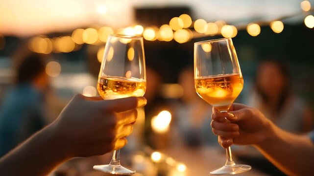 Friends clinking drinks on rooftop terrace at dusk, celebration gathering, social lifestyle, urban entertainment scene, string lights defocused in background, summer evening vibes, with copy space
