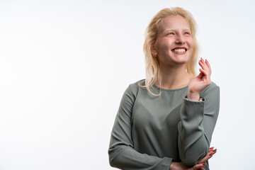 Obraz premium Portrait for beautiful smiling woman on a white background, colorful portrait