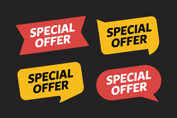 Various shapes of colorful special offer banners attract customers.