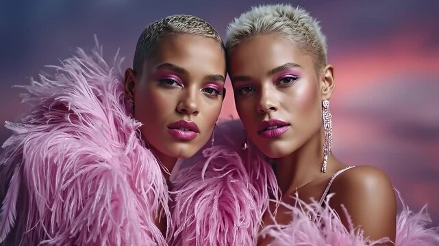 Two women in pink feathers posing for a photo