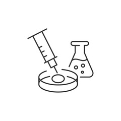注射器とシャーレ、フラスコで行う医療研究・実験のベクターアイコン（線画・モノクロ）