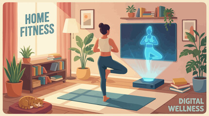 Woman practicing yoga tree pose at home following digital hologram fitness instructor, concept for online training, virtual workout guide and home wellness program