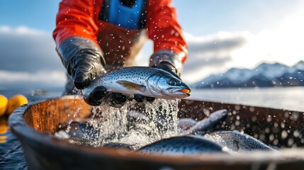 A fisherman in bright gear presents a freshly caught fish, highlighting the connection between humanity and nature, as well as the importance of fishing in sustaining livelihoods.