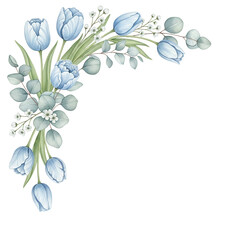 Soft watercolor floral corner border featuring tulips and eucalyptus in pastel blue isolated on white background.png