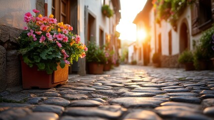 A picturesque cobblestone street adorned with vibrant flower pots, bathed in warm sunlight, capturing the essence of tranquility and beauty in an inviting urban setting.