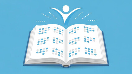 A stylized illustration of an open book with braille text and a person icon emerging from the pages on a blue background conveying education and accessibility