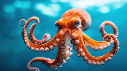 Obraz premium This dynamic underwater image features an orange octopus gliding gracefully through crystal-clear waters, showcasing the beauty and wonder of ocean wildlife.