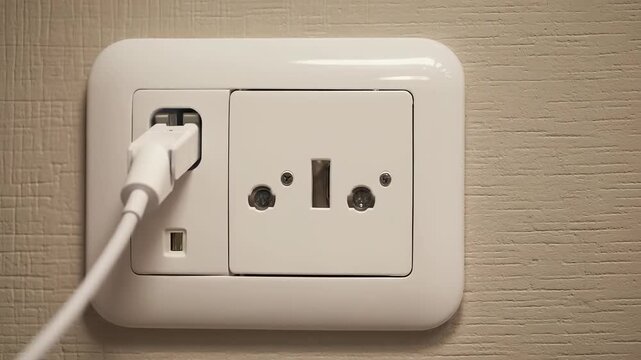 Close-up of a white power outlet with a plugged-in cable, illustrating electrical connection and modern domestic technology.
