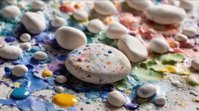 Colorful paint splatters on white stones - Powered by Adobe