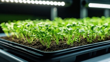 Rows of healthy young green seedlings thrive under bright grow lights, showcasing the importance of controlled environments for sustainable plant growth indoors and commercial gardening.