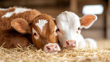 Two cute calves snuggle close together on a bed of straw in a barn, radiating warmth and innocence, capturing the essence of farm life and animal companionship in a cozy setting.