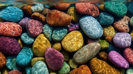 Colorful smooth pebbles underwater water surface