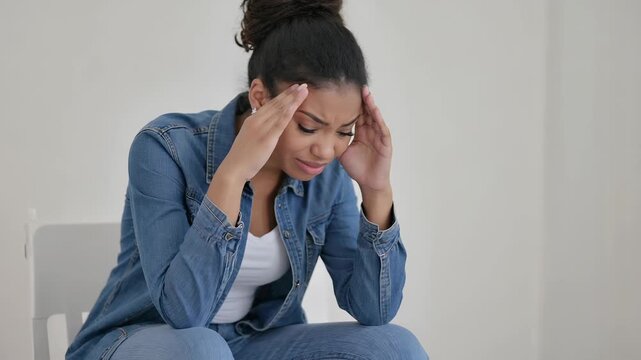 Young woman experiencing stress and anxiety, holding her head in frustration, sitting indoors in casual clothing, conveying worry and overwhelm.