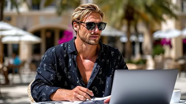 A man sitting at a table with a laptop and a pen