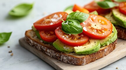 A vibrant healthy avocado toast topped with fresh tomato slices and basil, showcasing nourishing ingredients that highlight the beauty and simplicity of wholesome meals.