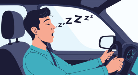 Exhausted male driver yawns while holding the steering wheel, illustrating the dangers of driving while tired or sleep deprived.