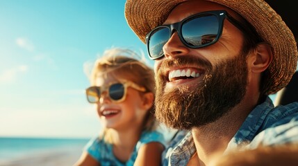 This heartwarming image captures a joyful moment of a father and daughter enjoying their time together at the beach, radiating happiness and love beneath a sunny sky.