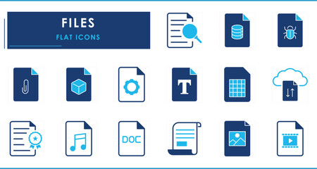A set of flat icons related to various Files. Extension, bugs, attachment, music, upload, download, verified, system, and so on.