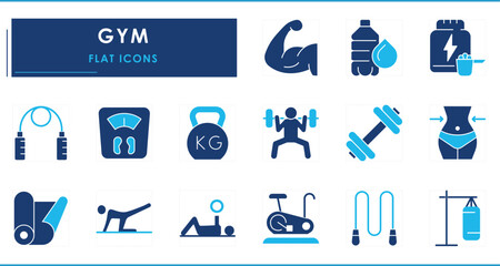A set of flat icons related to Gym. Fitness, instruments, supplements, dumbbell, and so on.