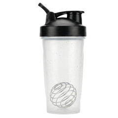 Clear plastic protein shaker bottle with whisk