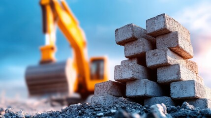 An industrial construction site displays concrete blocks and heavy machinery, emphasizing the scale and power involved in modern construction and infrastructure projects.