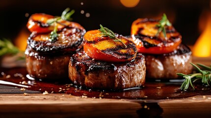 An exquisite dish featuring juicy beef fillets topped with grilled vegetables and garnished with herbs, presented beautifully for an elegant dining experience.