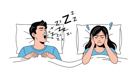 Frustrated woman covers her ears with a pillow while her partner snores loudly in bed, depicting common sleep disturbance issues.