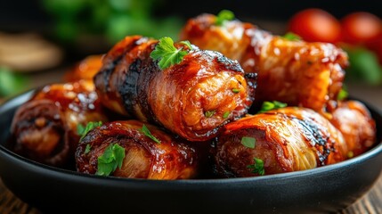 A mouthwatering display of glazed meat rolls garnished with fresh herbs, showcasing vibrant colors and enticing textures that appeal to food lovers and chefs alike.