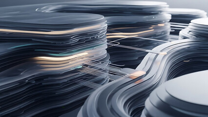 Abstract digital landscape with illuminated pathways and futuristic design elements, showcasing a layered, undulating terrain