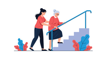 Kind young woman assisting elderly lady climbing stairs with railing support representing care and social support.