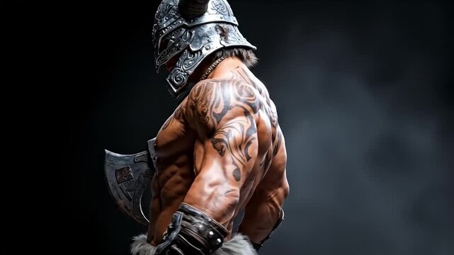 A man in a viking costume holding an axe and wearing a helmet