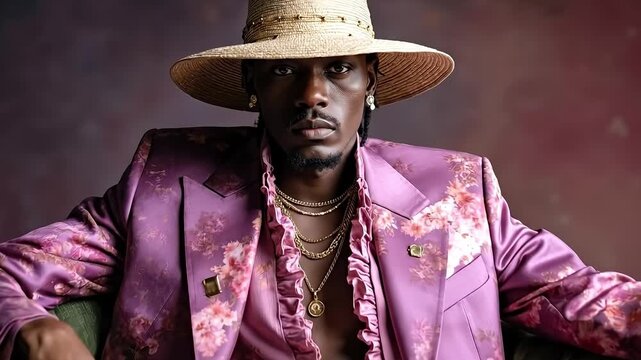 A man in a pink suit and hat sitting on a green chair