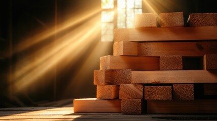 A neatly stacked pile of timber beams is illuminated by soft sunlight streaming through a window, conveying a sense of craftsmanship and cozy environment.