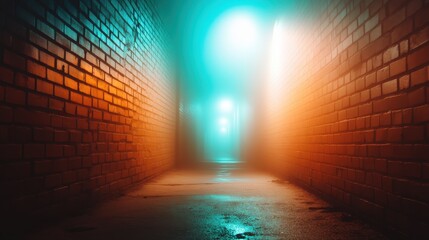 A dimly lit alleyway shrouded in fog, featuring contrasting warm and cool lights, creating an intriguing atmosphere evoking feelings of mystery and suspense.