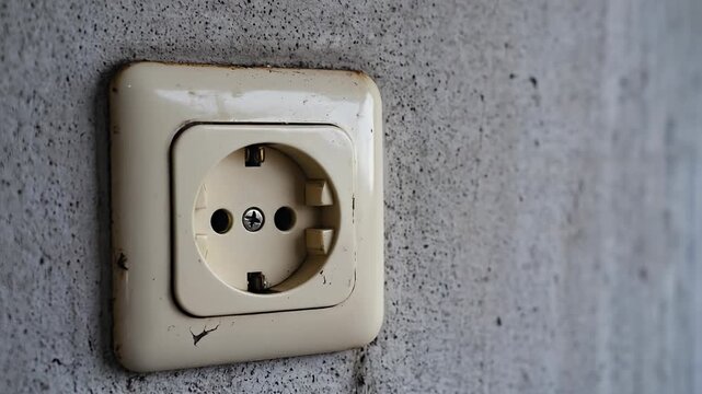 Close-up of a vintage beige electrical wall socket mounted on a concrete wall, showcasing a retro power connection.