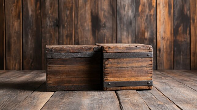 A pair of antique wooden boxes with metallic accents, beautifully arranged on a rustic timber surface, reflecting nostalgia and charm in their rich, dark textures.